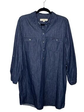 Loft Blue Denim Shirt Dress Size LP Relaxed Fit Cotton Silk Roll Tab Sleeves EUC